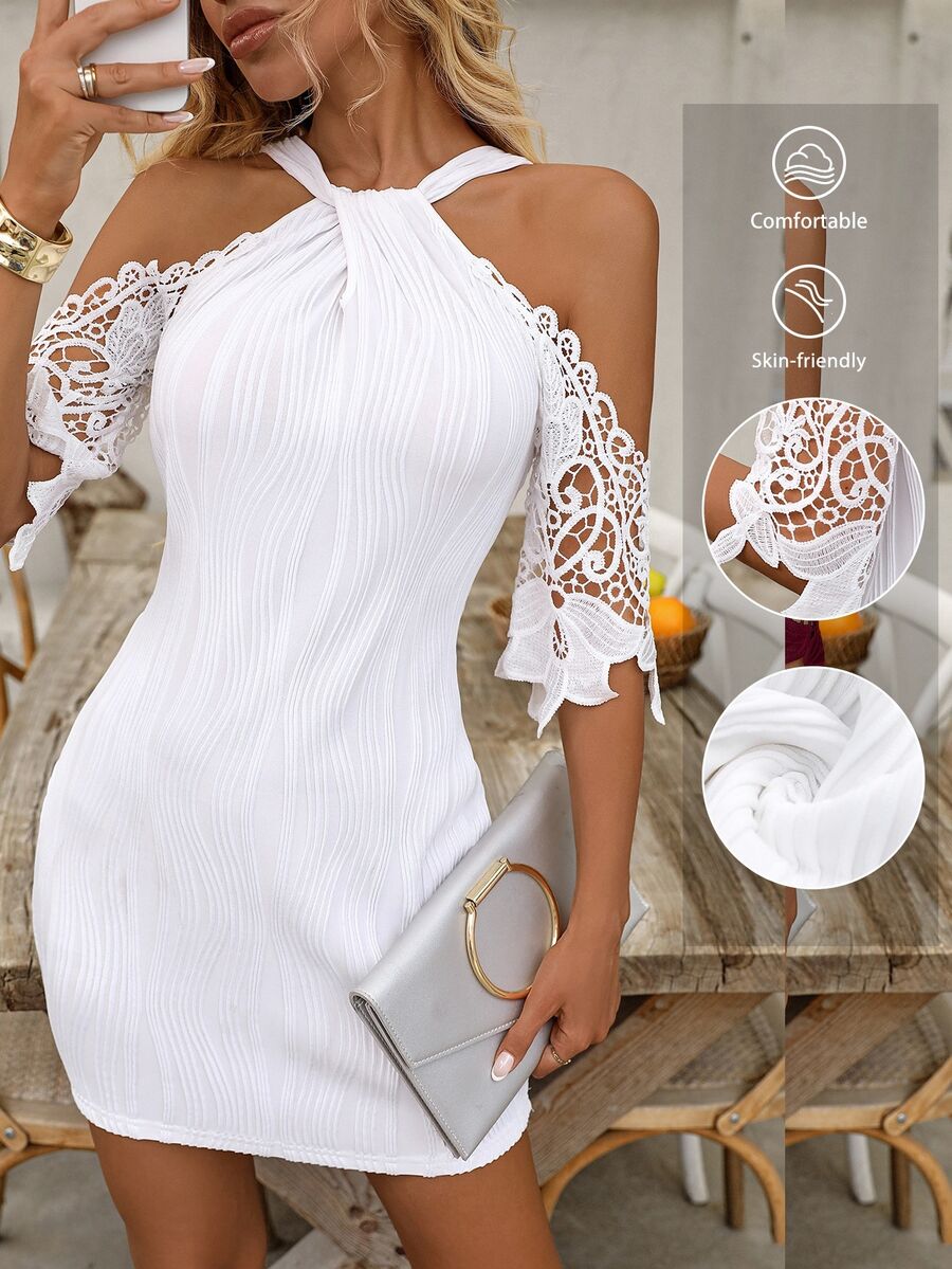 EMERY ROSE Vestido casual de manga corta con escote en V, hombros descubiertos, espalda descubierta y parches de encaje floral, vestido de playa/vacaciones de encaje hueco y de ganchillo blanco de moda para primavera/verano - Blanco - Ver 1