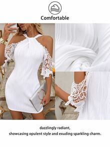 EMERY ROSE Vestido casual de manga corta con escote en V, hombros descubiertos, espalda descubierta y parches de encaje floral, vestido de playa/vacaciones de encaje hueco y de ganchillo blanco de moda para primavera/verano - Blanco - Ver 10