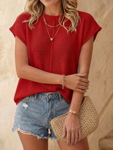 EMERY ROSE Women Simple Round Neck Batwing Sleeve Solid Color Casual Sweater Vest For New Year Clothes - Red - View 3
