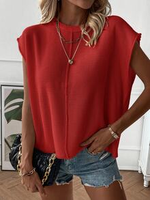 EMERY ROSE Women Simple Round Neck Batwing Sleeve Solid Color Casual Sweater Vest For New Year Clothes - Red - View 4