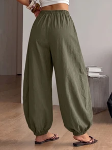 Coolane Women's Summer Streetwear Casual Basic Daily Wear Going Out Vacation Washed 100%Cotton Green Baggy Low Rise Bloomer Cuffed Pants - Army Green - View 7