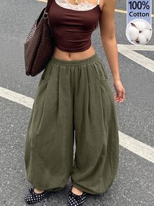 Coolane Women's Summer Streetwear Casual Basic Daily Wear Going Out Vacation Washed 100%Cotton Green Baggy Low Rise Bloomer Cuffed Pants - Army Green - View 2