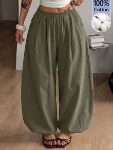 Coolane Women's Summer Streetwear Casual Basic Daily Wear Going Out Vacation Washed 100%Cotton Green Baggy Low Rise Bloomer Cuffed Pants - Army Green - View 3