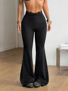 Coolane Women's Plus Size Summer Fall Elegant Grunge Punk Streetwear Concert Y2K All-Match Daily Wear Casual Elastic Waist Lace Waist Flare Leg Black Pants - Black - View 6