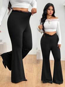 Coolane Women's Plus Size Summer Fall Elegant Grunge Punk Streetwear Concert Y2K All-Match Daily Wear Casual Elastic Waist Lace Waist Flare Leg Black Pants - Black - View 7