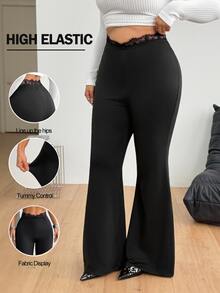 Coolane Women's Plus Size Summer Fall Elegant Grunge Punk Streetwear Concert Y2K All-Match Daily Wear Casual Elastic Waist Lace Waist Flare Leg Black Pants - Black - View 3