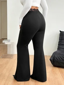 Coolane Women's Plus Size Summer Fall Elegant Grunge Punk Streetwear Concert Y2K All-Match Daily Wear Casual Elastic Waist Lace Waist Flare Leg Black Pants - Black - View 5