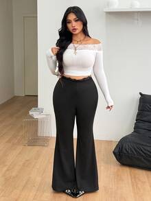 Coolane Women's Plus Size Summer Fall Elegant Grunge Punk Streetwear Concert Y2K All-Match Daily Wear Casual Elastic Waist Lace Waist Flare Leg Black Pants - Black - View 8
