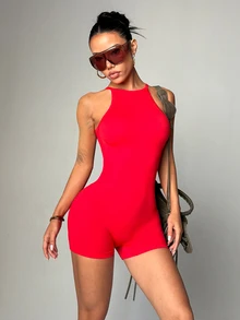 Slayform Slayform Core Rhythm 1pc Red Seamless Jumpsuit, Sleeveless Backless, Soft Comfortable Fit, For Workout, Running, Casual Sporty, Yoga Gym Body Suit Gym Rompers - Red - View 3