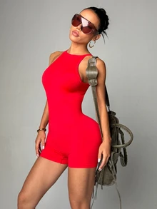 Slayform Slayform Core Rhythm 1pc Red Seamless Jumpsuit, Sleeveless Backless, Soft Comfortable Fit, For Workout, Running, Casual Sporty, Yoga Gym Body Suit Gym Rompers - Red - View 7