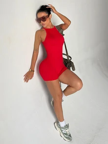 Slayform Slayform Core Rhythm 1pc Red Seamless Jumpsuit, Sleeveless Backless, Soft Comfortable Fit, For Workout, Running, Casual Sporty, Yoga Gym Body Suit Gym Rompers - Red - View 4