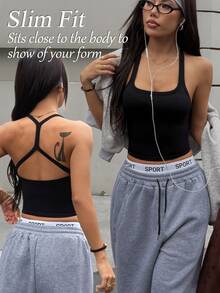 SHEIN Sports 女士无缝瑜伽运动文胸无钢圈健身短款运动上衣跑步文胸短款上衣健身房 - 黑色 - 查看 2