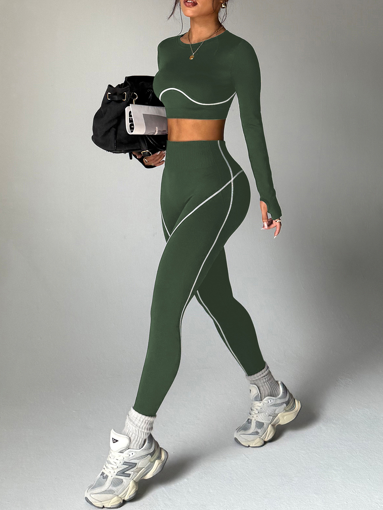 SHEIN Sports 2pcs Women's Seamless Colorblock Striped Crew Neck Long Sleeve Thumbhole Wide Waistband Running Fitness Workout Outdoor 9/10 Length Sports Leggings Set - Army Green - View 1