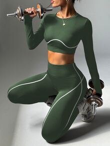 SHEIN Sports 2件組女款無縫拼接條紋圓領長袖拇指孔寬腰帶跑步健身運動戶外9/10長度運動緊身褲套裝 - 軍綠色 - 查看 4