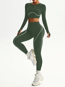 SHEIN Sports 2件組女款無縫拼接條紋圓領長袖拇指孔寬腰帶跑步健身運動戶外9/10長度運動緊身褲套裝 - 軍綠色 - 查看 3