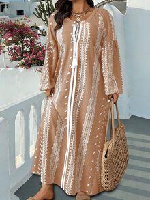 Ceyna Vestido Feminino Plus Size Estilo Francês Casual Boho Boêmio Elegante com Estampa Bordada Falsa Manga Longa para Férias e Ocasiões Formais Branco Outono - Marrom Claro - Visão 5