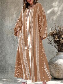 Ceyna Vestido Feminino Plus Size Estilo Francês Casual Boho Boêmio Elegante com Estampa Bordada Falsa Manga Longa para Férias e Ocasiões Formais Branco Outono - Marrom Claro - Visão 1
