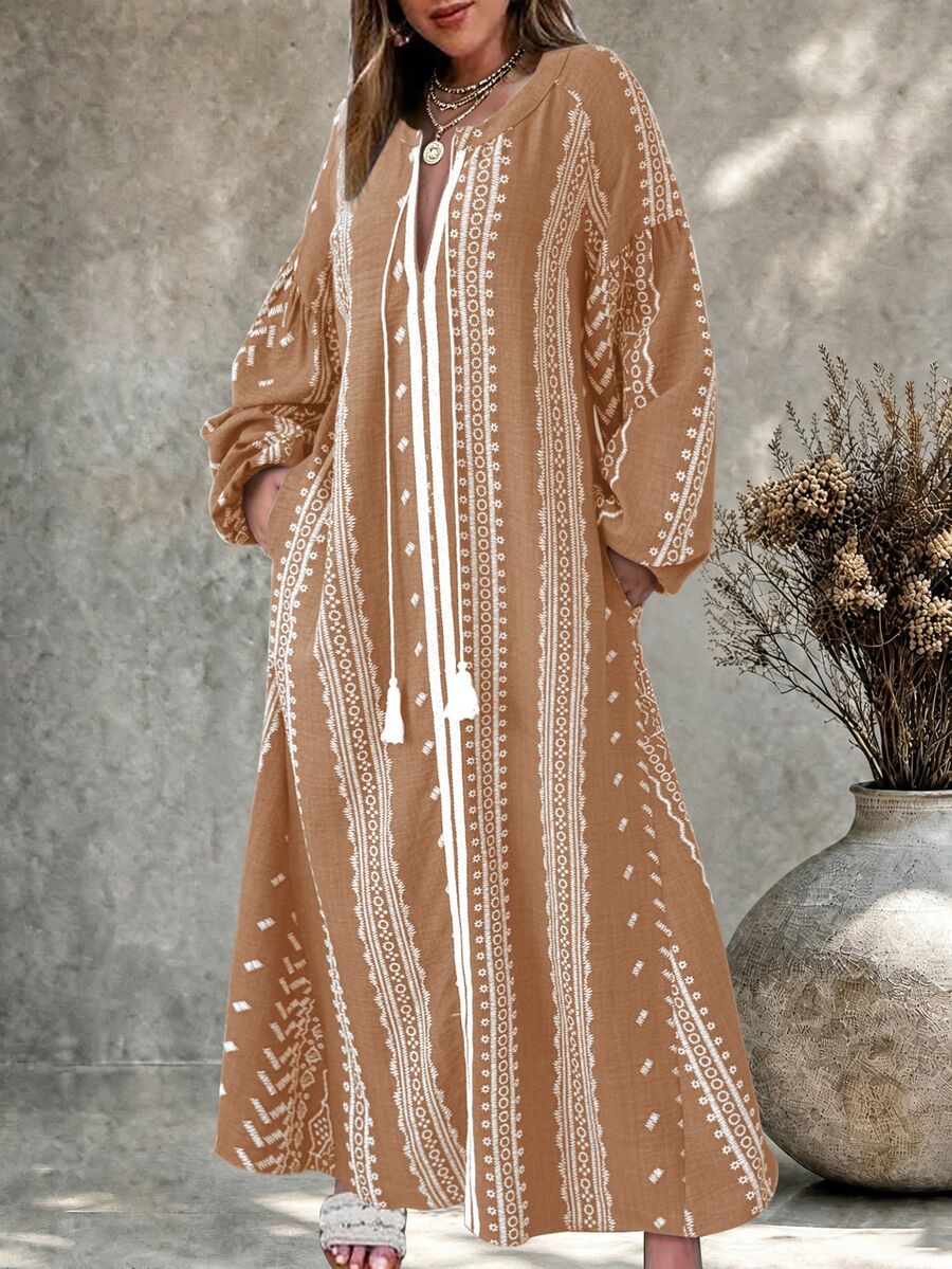 Ceyna Vestido Feminino Plus Size Estilo Francês Casual Boho Boêmio Elegante com Estampa Bordada Falsa Manga Longa para Férias e Ocasiões Formais Branco Outono - Marrom Claro - Visão 1