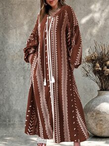 Ceyna 大尺碼女款法式傳統休閒 90 年代波希米亞優雅仿刺繡印花長袖洋裝 正式早午餐度假棕色夏季秋季 - 鏽棕色 - 查看 1