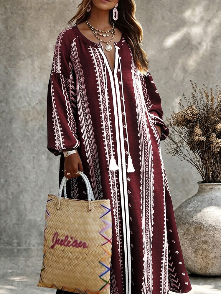 Ceyna Plus Size Women French Boho Vintage Casual Elegant Faux Embroidery Print Long Sleeve Dress Autumn Vacation Formal Burgundy Fall - Burgundy - View 3