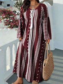 Ceyna 大尺碼女款法式波希米亞復古休閒優雅仿刺繡印花長袖洋裝，秋季度假正式酒紅色秋季款 - 酒紅色 - 查看 5