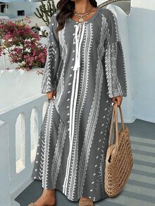 Ceyna 大尺碼女款法式休閒波西米亞復古優雅仿刺繡印花長袖洋裝，灰色，適合秋季度假與正式場合 - 灰色 - 查看 5
