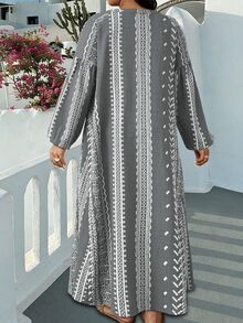 Ceyna 大尺碼女款法式休閒波西米亞復古優雅仿刺繡印花長袖洋裝，灰色，適合秋季度假與正式場合 - 灰色 - 查看 2