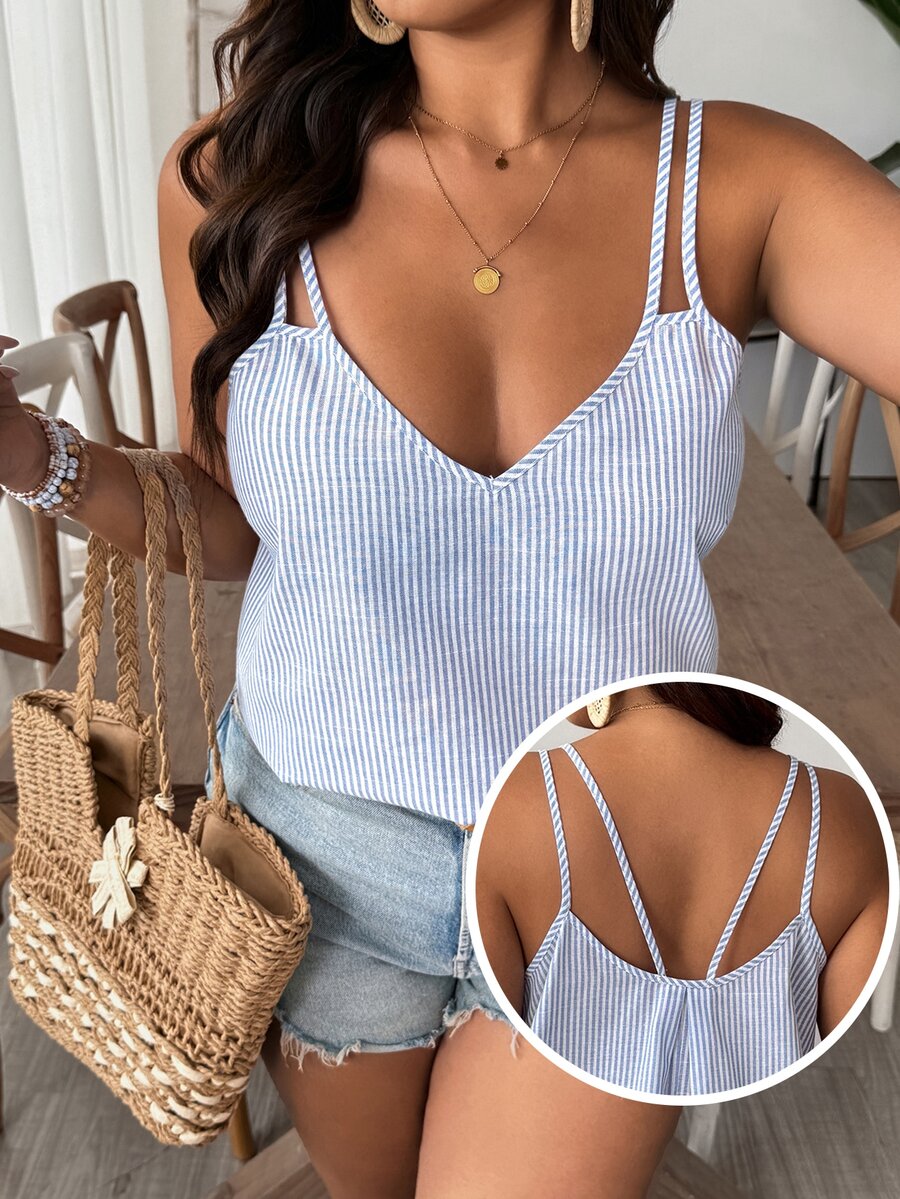 SHEIN VCAY Plus Size Summer Color Block Striped Casual Tank Top Beach Bussines Vacation Vacation Black And White