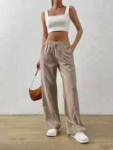 SHEIN EZwear سروال طويل بخصر جذاب بشكل رباط عقدة بلون سادة - بني فاتح - مشاهدة 9