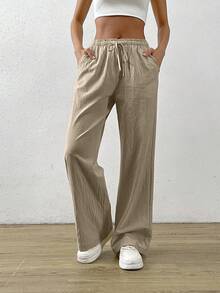 SHEIN EZwear سروال طويل بخصر جذاب بشكل رباط عقدة بلون سادة - بني فاتح - مشاهدة 3