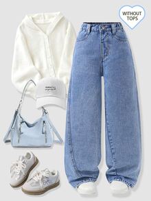 Tween Girl Solid High Waist Wide Leg Jeans - Dark Wash - View 1