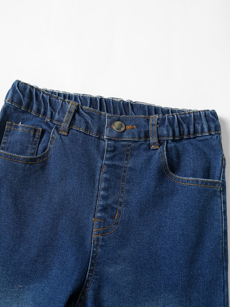SHEIN TWEEN GIRL Retro Modern Y2K Street Style Casual College Style Elastic Waist Comfortable Slim Fit Five-Pocket Denim Flare Jeans, Dark Blue Washed Denim, Autumn Winter All-Season Essential Fashion Versatile Item - Dark Wash - View 7