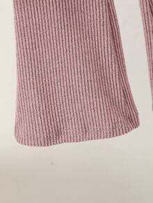 SHEIN Playful Pals 女童春秋冬季休閒T恤套裝，不對稱設計高領針織羅紋刷毛布料純色灰粉長袖上衣，搭配灰粉休閒喇叭褲，2件套，適合春秋冬季返校季，優雅淑女高端風格，適用日常上學、外出、旅行、聚會 - 藕粉色 - 查看 9