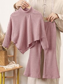SHEIN Playful Pals 女童春秋冬季休閒T恤套裝，不對稱設計高領針織羅紋刷毛布料純色灰粉長袖上衣，搭配灰粉休閒喇叭褲，2件套，適合春秋冬季返校季，優雅淑女高端風格，適用日常上學、外出、旅行、聚會 - 藕粉色 - 查看 4