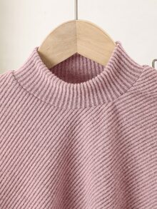 SHEIN Playful Pals 女童春秋冬季休閒T恤套裝，不對稱設計高領針織羅紋刷毛布料純色灰粉長袖上衣，搭配灰粉休閒喇叭褲，2件套，適合春秋冬季返校季，優雅淑女高端風格，適用日常上學、外出、旅行、聚會 - 藕粉色 - 查看 5