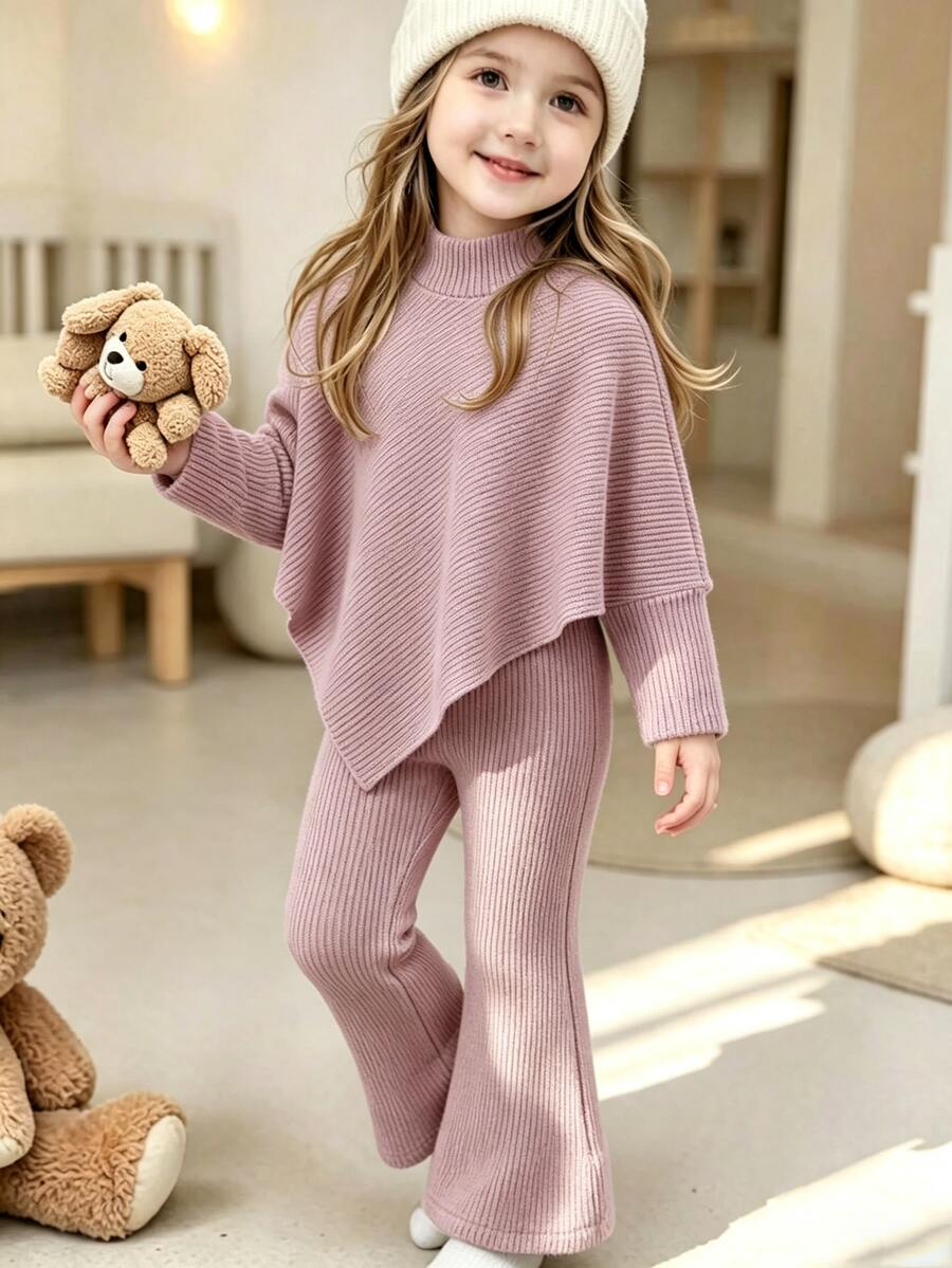 SHEIN Playful Pals 女童春秋冬季休閒T恤套裝,不對稱設計高領針織羅紋刷毛布料純色灰粉長袖上衣,搭配灰粉休閒喇叭褲,2件套,適合春秋冬季返校季,優雅淑女高端風格,適用日常上學、外出、旅行、聚會 - 藕粉色 - 查看 1