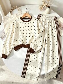 Tween Girls Polka Dot Pattern Crew Neck Sweatshirt Set, Suitable For Autumn And Winter Wear, Comfortable Minimalist Casual Daily Style - Multicolor - View 5