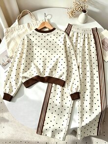 Tween Girls Polka Dot Pattern Crew Neck Sweatshirt Set, Suitable For Autumn And Winter Wear, Comfortable Minimalist Casual Daily Style - Multicolor - View 2