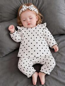 SHEIN 2pcs Baby Girls Top Pants Set Cute Sweet White Black Polka Dot Bow Ruffle Long Flutter Sleeve Round Neck Regular Party Fall Ballet Princess Cozy Slim - Multicolor - View 3