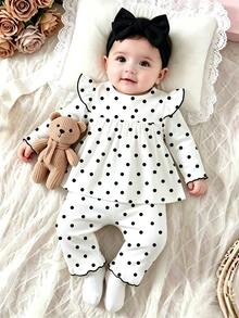 SHEIN 2pcs Baby Girls Top Pants Set Cute Sweet White Black Polka Dot Bow Ruffle Long Flutter Sleeve Round Neck Regular Party Fall Ballet Princess Cozy Slim - Multicolor - View 4
