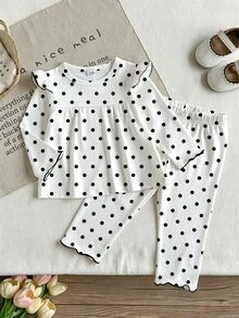 SHEIN 2pcs Baby Girls Top Pants Set Cute Sweet White Black Polka Dot Bow Ruffle Long Flutter Sleeve Round Neck Regular Party Fall Ballet Princess Cozy Slim - Multicolor - View 5