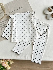 SHEIN 2pcs Baby Girls Top Pants Set Cute Sweet White Black Polka Dot Bow Ruffle Long Flutter Sleeve Round Neck Regular Party Fall Ballet Princess Cozy Slim - Multicolor - View 11