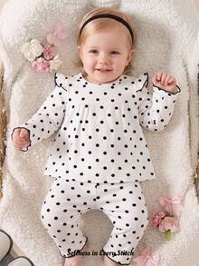SHEIN 2pcs Baby Girls Top Pants Set Cute Sweet White Black Polka Dot Bow Ruffle Long Flutter Sleeve Round Neck Regular Party Fall Ballet Princess Cozy Slim - Multicolor - View 2