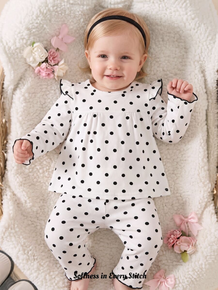 SHEIN 2pcs Baby Girls Top Pants Set Cute Sweet White Black Polka Dot Bow Ruffle Long Flutter Sleeve Round Neck Regular Party Fall Ballet Princess Cozy Slim