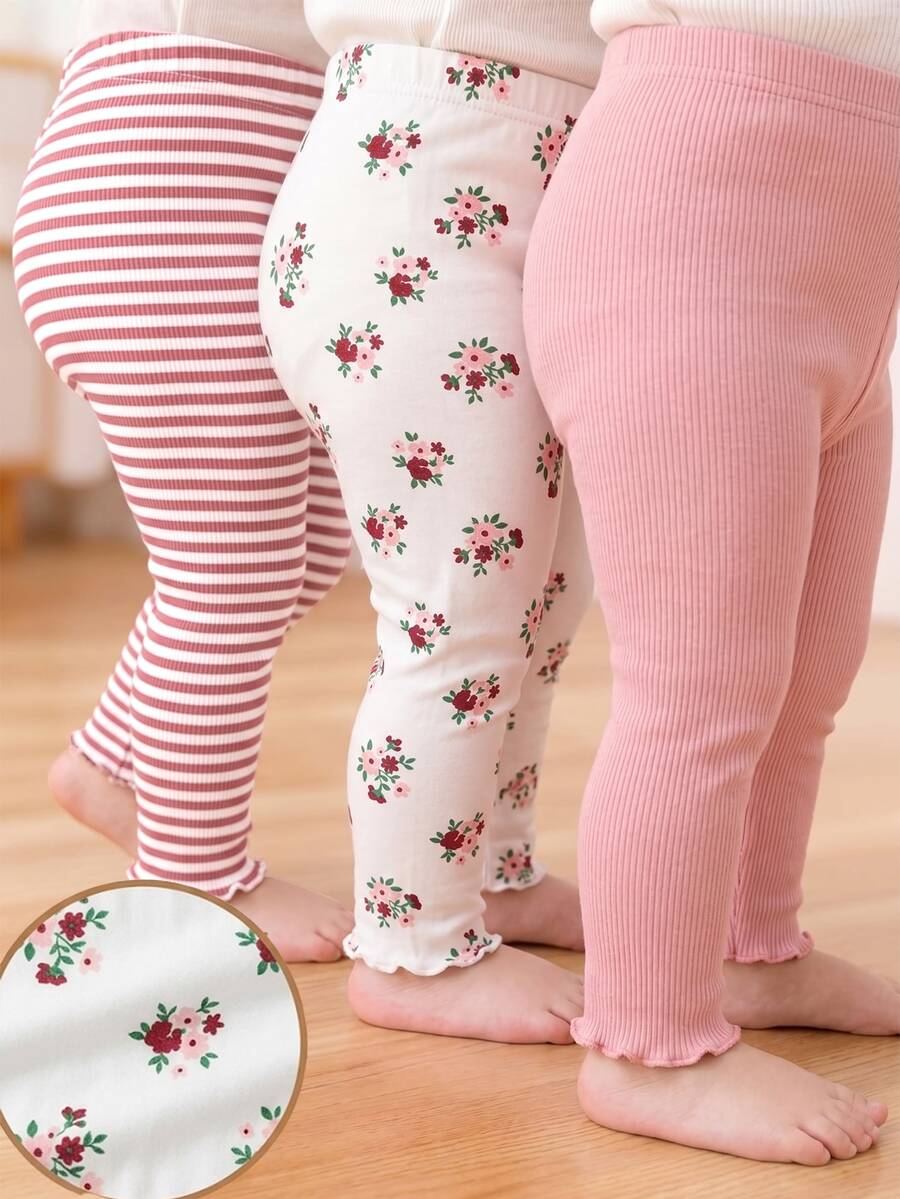 SHEIN 3件組幼女緊身褲 可愛甜美 粉色白色珊瑚色 羅紋花卉條紋 荷葉邊 常規款 生日派對 秋季假期 芭蕾彈性 - 粉色 - 查看 1