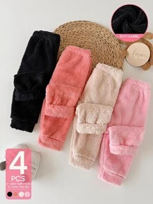 SHEIN 4件組女嬰幼兒女童毛絨慢跑褲，可愛甜美粉色珊瑚杏色黑色，加厚毛茸茸，適合聖誕派對、冬季、秋季、萬聖節，彈性腰頭 - 彩色 - 查看 4