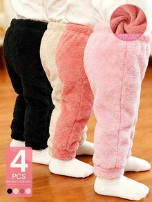 SHEIN 4件組女嬰幼兒女童毛絨慢跑褲，可愛甜美粉色珊瑚杏色黑色，加厚毛茸茸，適合聖誕派對、冬季、秋季、萬聖節，彈性腰頭 - 彩色 - 查看 3