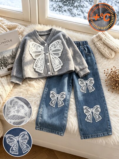 SHEIN 2pcs Toddler Girls Sweet Lace Bow Applique V Neck Long Sleeve Thick Knit Sweaters Cardigan Denim Pants Set Outfits Fall Style Winter