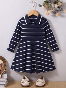 SHEIN Elladie kids Young Girls Knit Ruffle Patchwork Dresses, Robe Chic, Long Sleeve, Mini Skirt, New Fall Looks, Back To School Navy Blue And White Stripes - Navy Blue - View 3