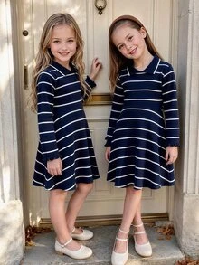 SHEIN Elladie kids Young Girls Knit Ruffle Patchwork Dresses, Robe Chic, Long Sleeve, Mini Skirt, New Fall Looks, Back To School Navy Blue And White Stripes - Navy Blue - View 2
